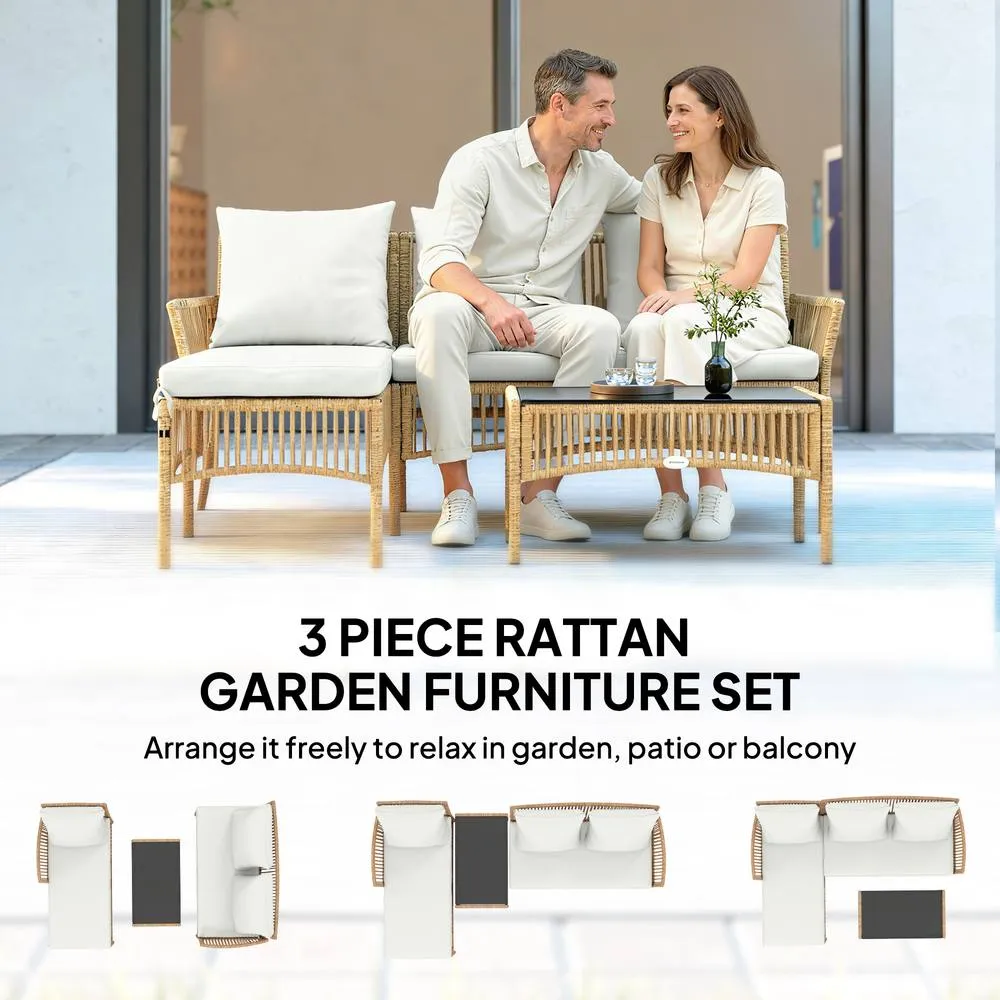 OUTSUNNY 3 Piece Rattan Garden Furniture Set with Cushions, Natural Wood 4