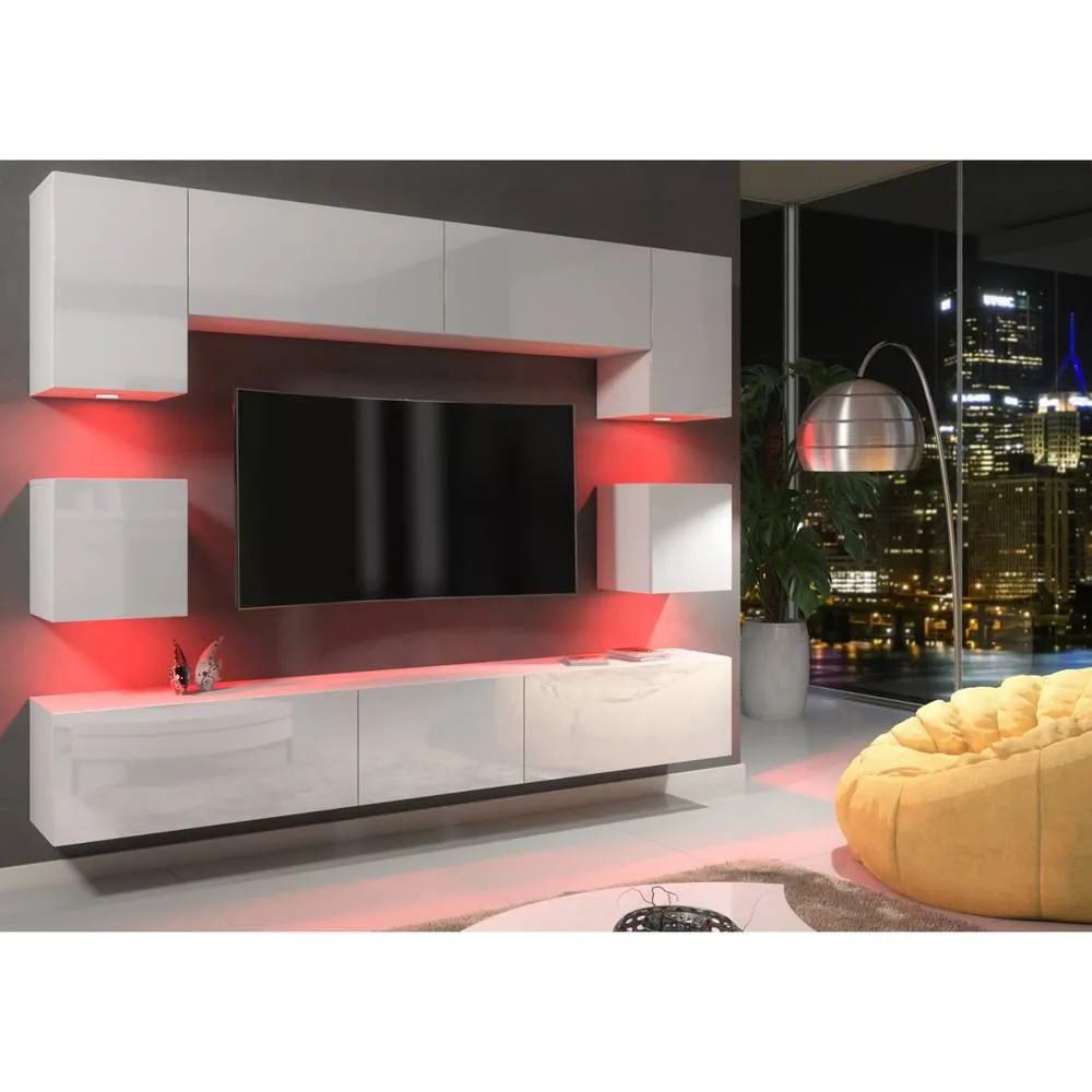 Creative Furniture Panorama Wall TV Unit - White with Gloss Doors + LED Lights 6