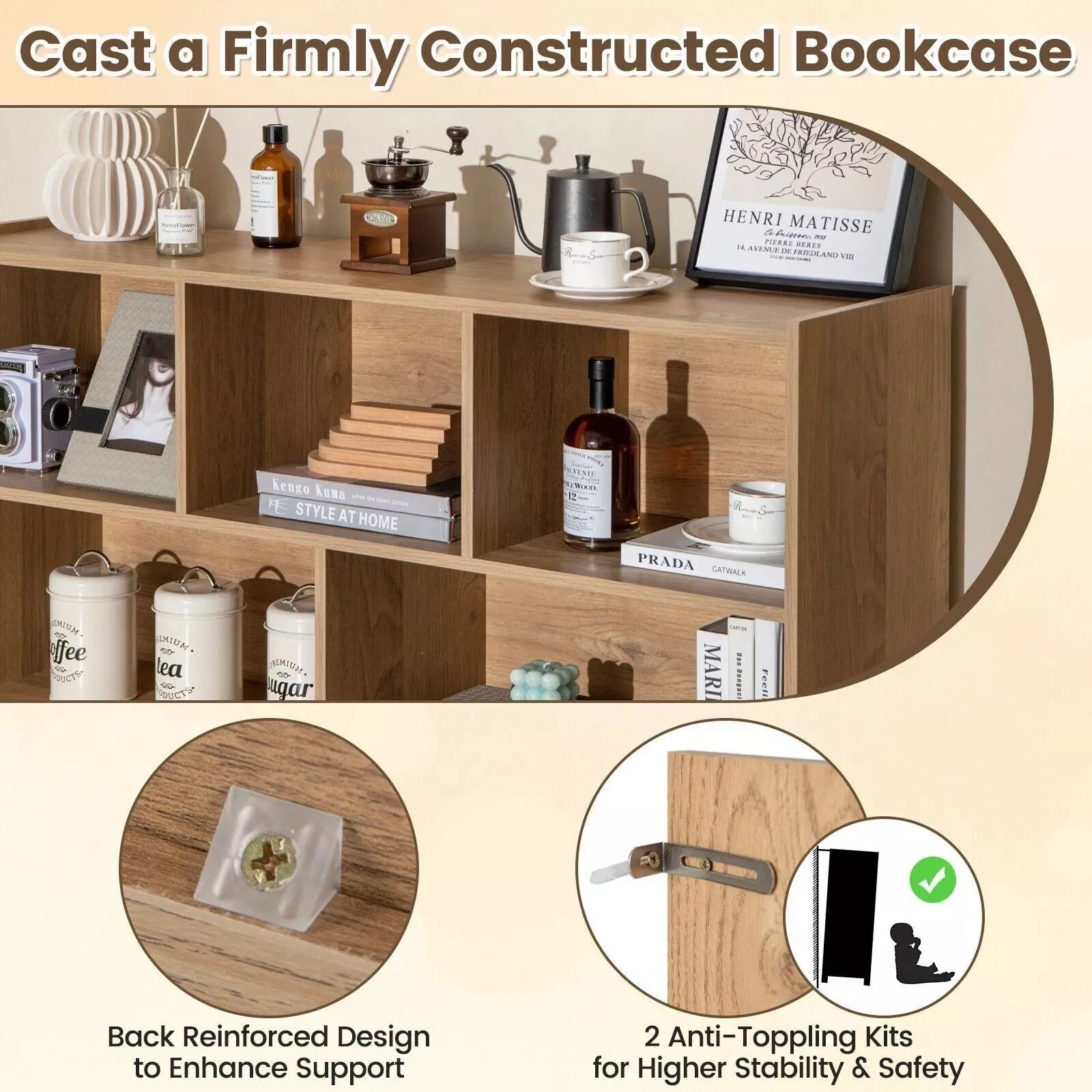 Costway Wood Storage Cube Bookcase 3 Tier 8 Cube Open Shelf Storage Cabinet in Natural 5