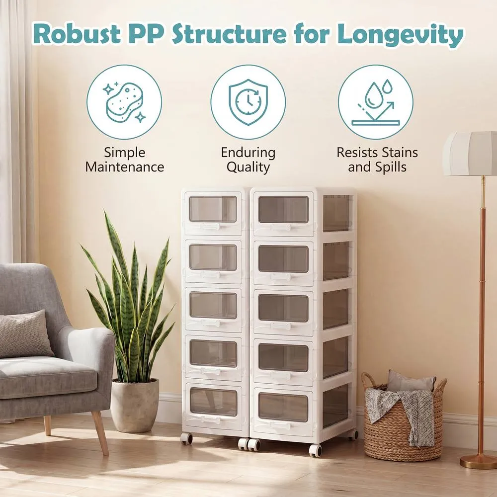 Costway 5-Tier Plastic Drawer Storage Organizer Rolling Cart Utility Cart in White 5