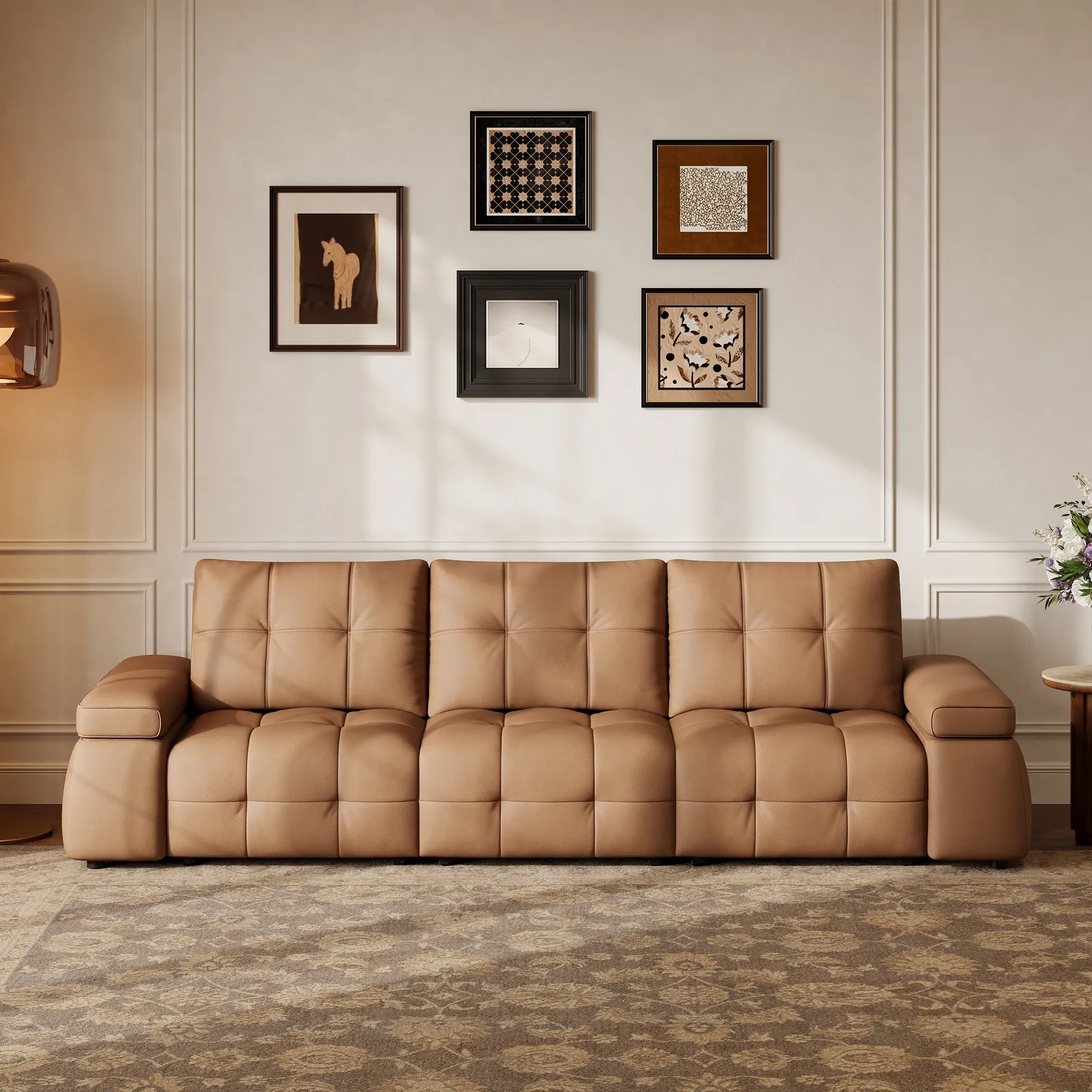 130" 3-Seater Genuine Leather Power Convertible Sleeper Sofa with adjustable armrests