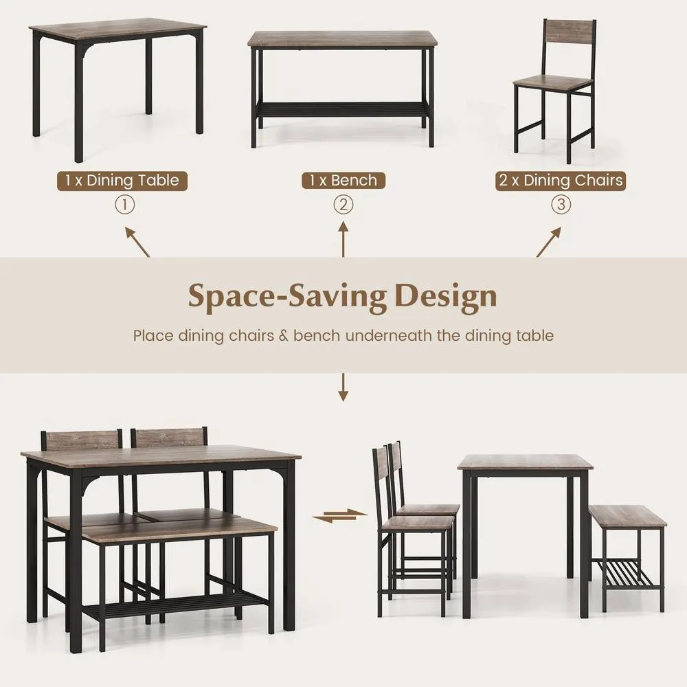 Costway 4-Piece Dining Table Set Kitchen Table with 2 Chairs & a Bench in Grey 5