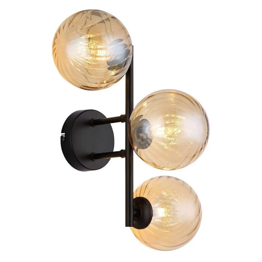 Netlighting Conor Globe Wall Lights Matt Black Balls Amber Glass Shade 3x G9