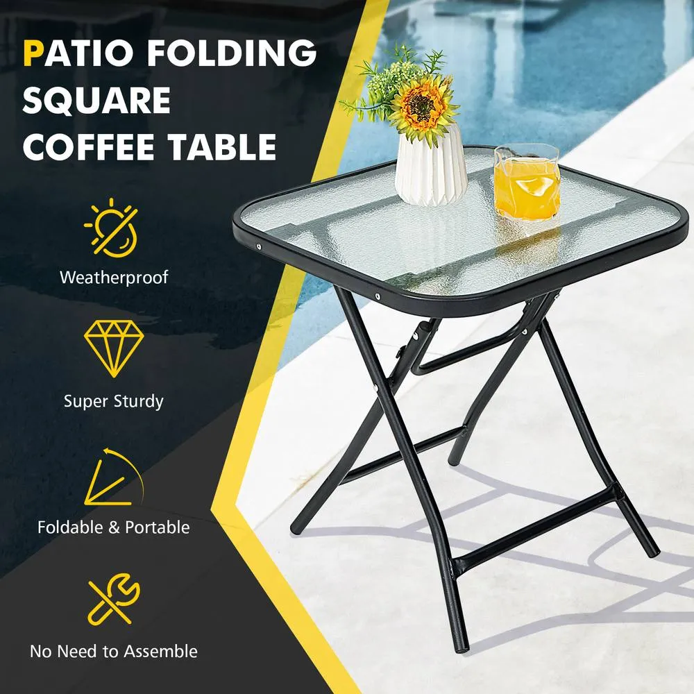 Costway Folding Square Patio Bistro Table Tempered W/ Glass Tabletop Outdoor Coffee Table in Black 3