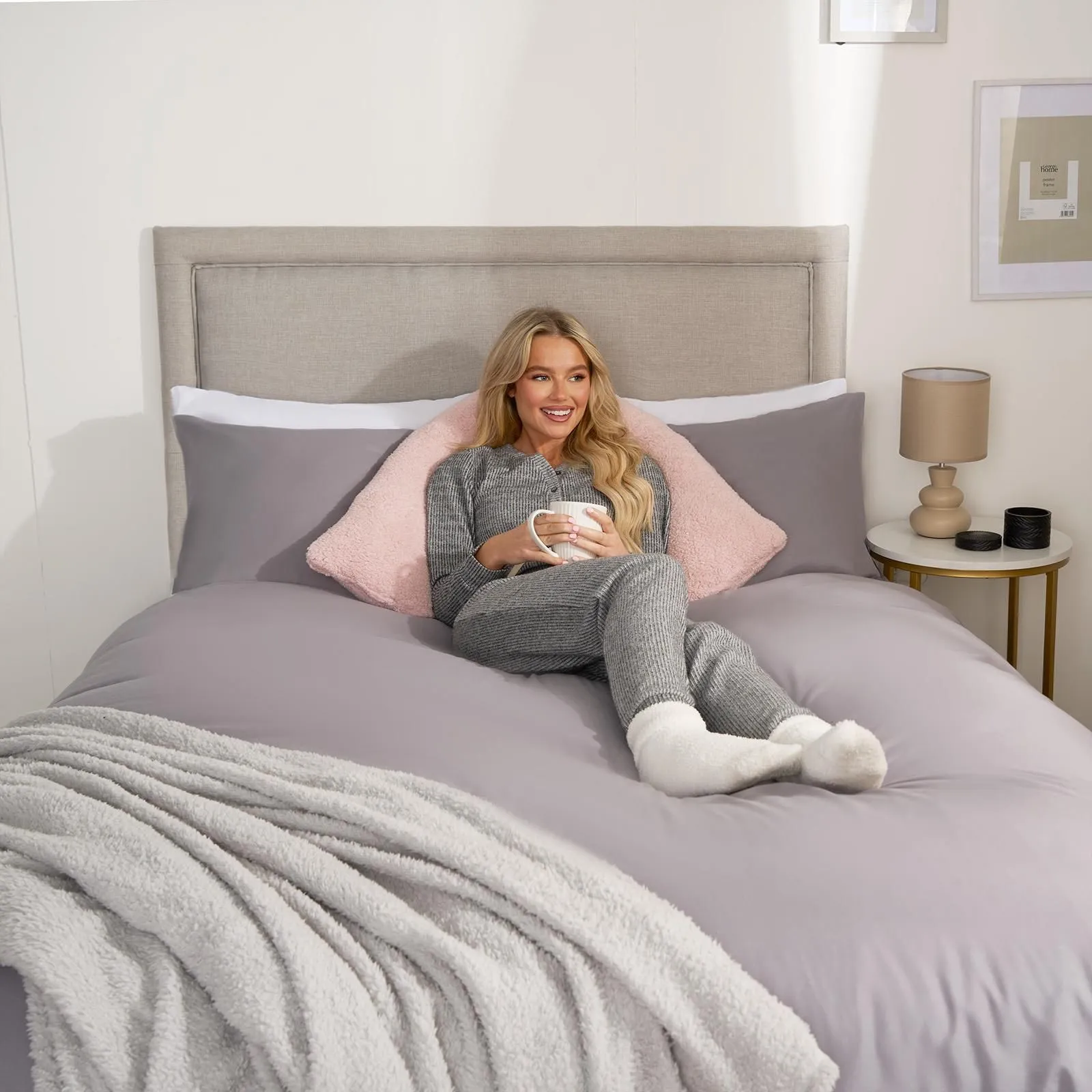 OHS Teddy Fleece V Shaped Pillow Support Pregnancy Orthopaedic Cushion in Pink