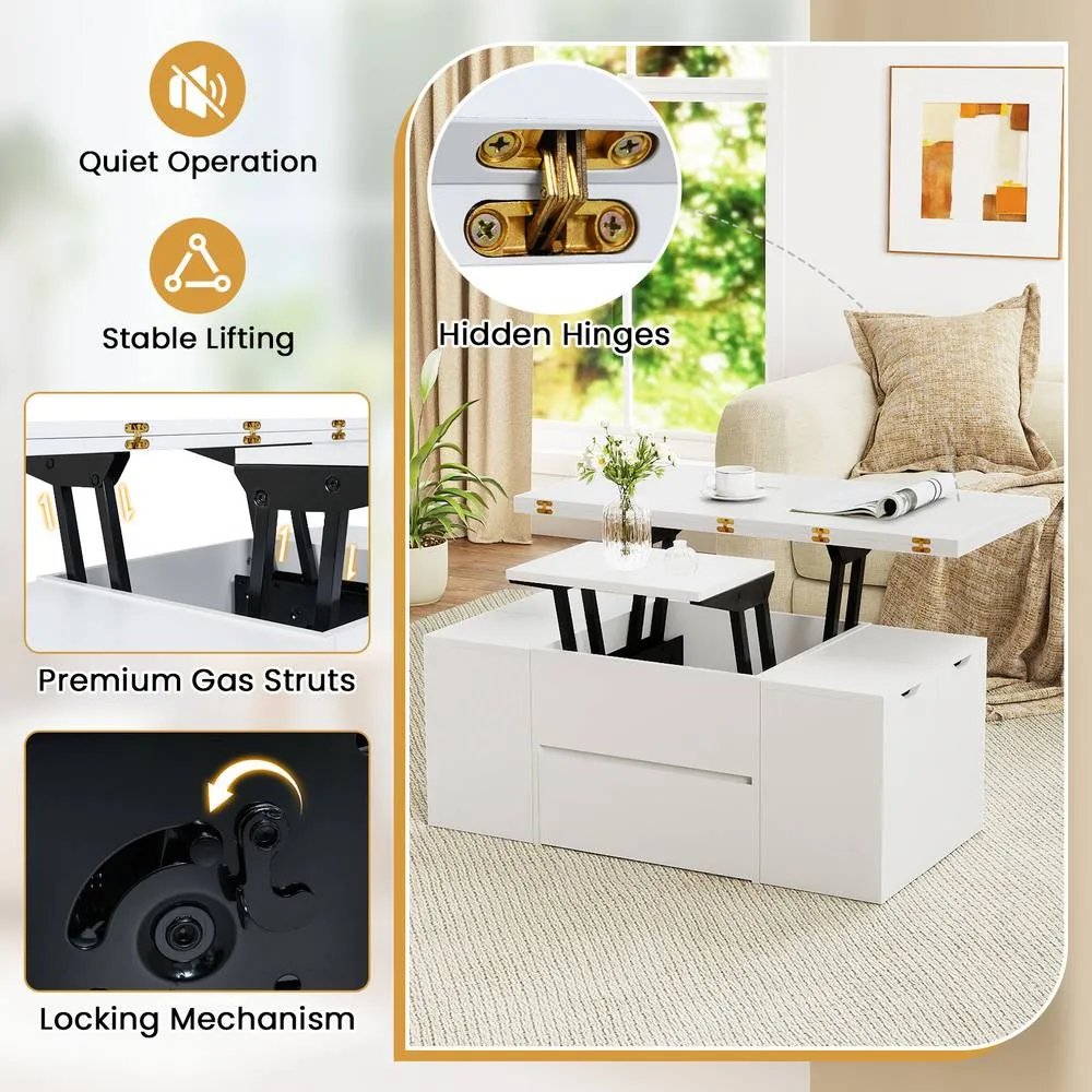 Costway Lift Top Coffee Table with 4 Storage Stools in White 6