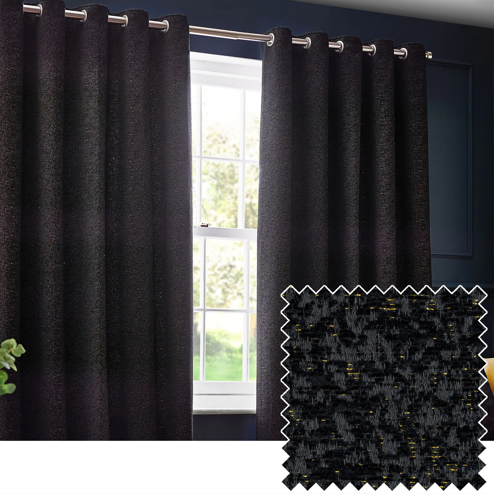 Paoletti Galaxy Velvet Chenille Eyelet Curtain Pair in Black 1