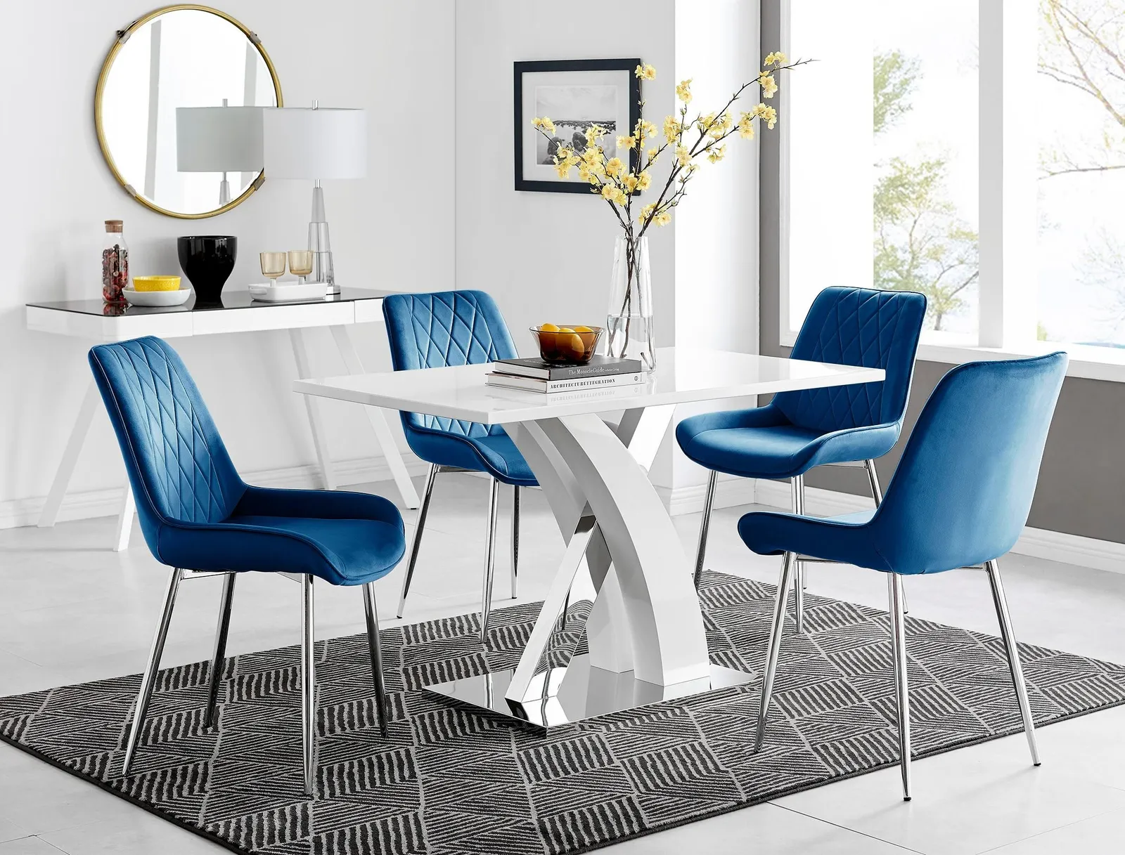 FurnitureboxUK Atlanta White High Gloss & Chrome 4 Seater Dining Table with X Shaped Legs & 4 Soft Velvet Pesaro Chairs in Navy 1