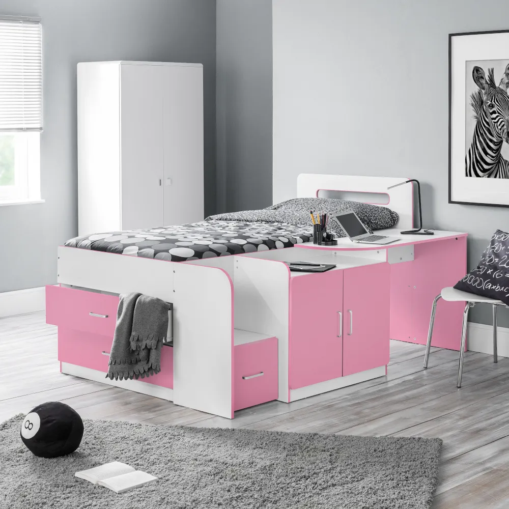Cookie Pink and White Wooden Cabin Bed Frame - 3ft Single