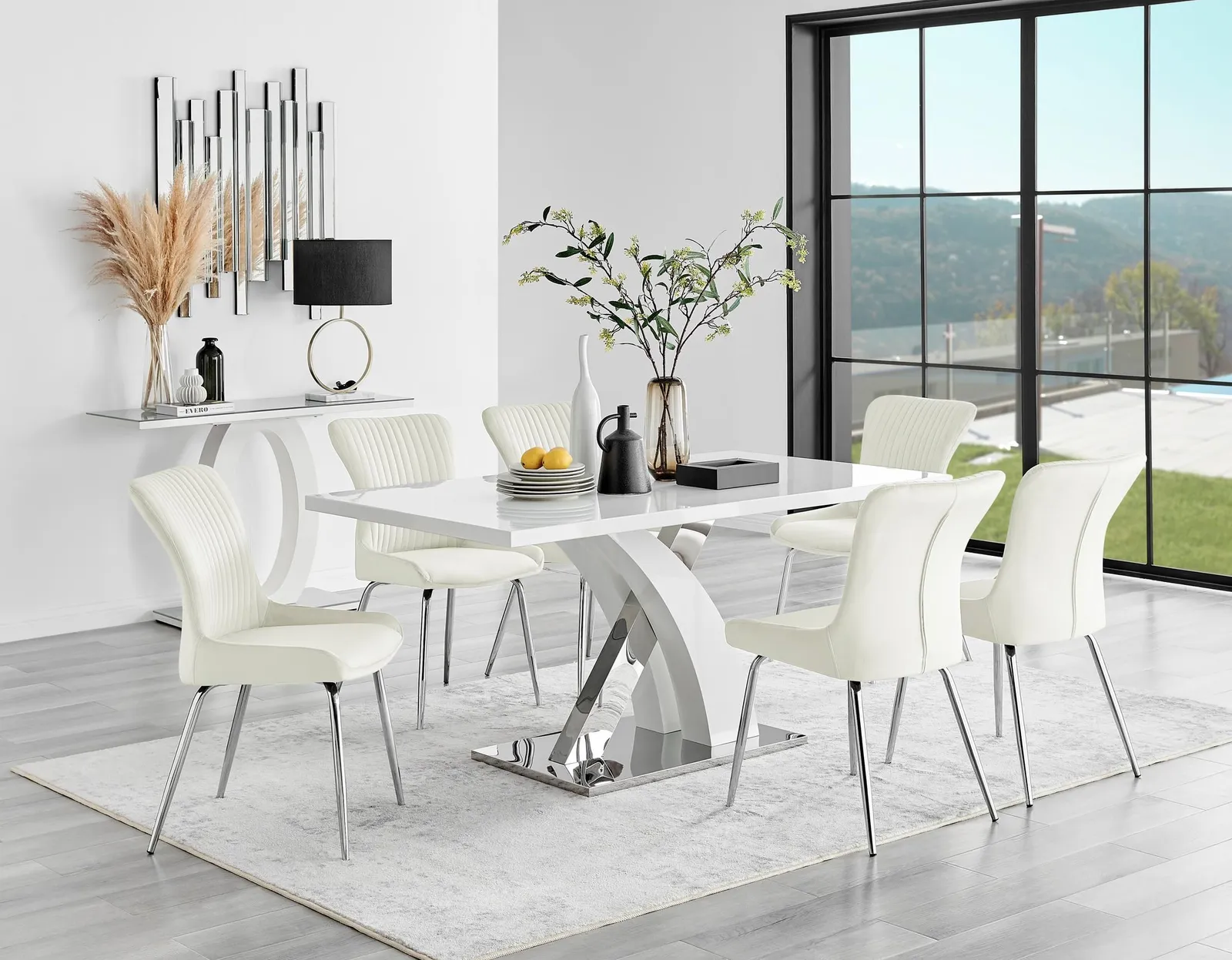 FurnitureboxUK Atlanta 6 White Dining Table & 6 Nora Silver Leg Chairs in Cream 1