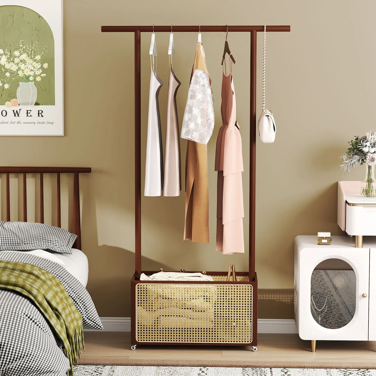 Costway Bamboo Clothes Rack Coat Hanger Stand with Rattan Storage Basket in Brown 3