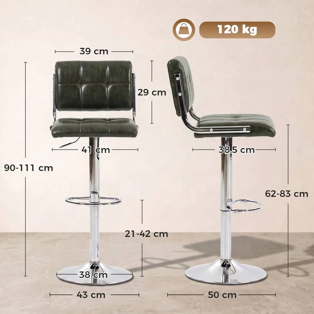 HOMCOM Adjustable Bar Stools Set of 2 with Backrest in Green 3