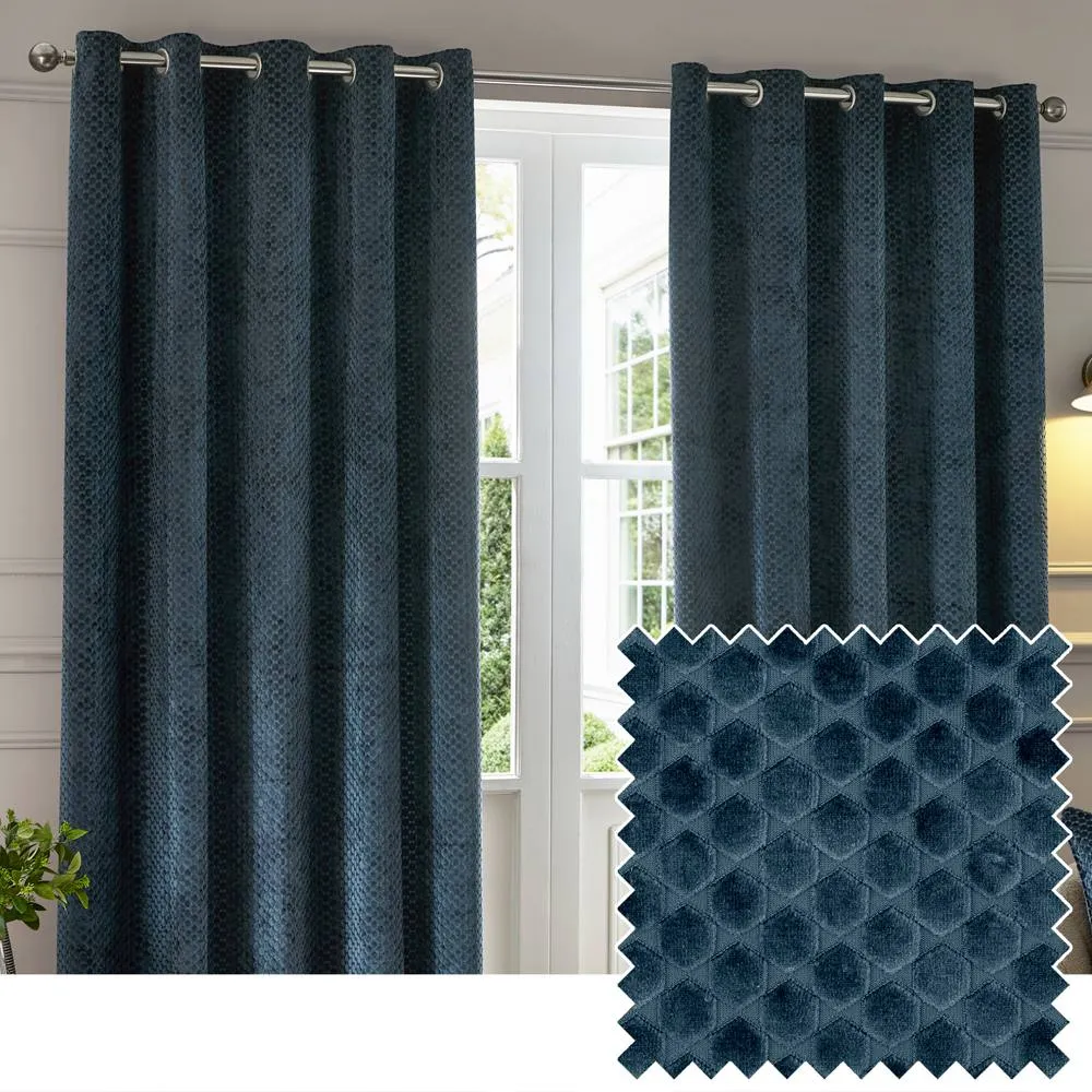 Paoletti Neptune Fully Lined Velvet Eyelet Curtain Pair in Navy 1