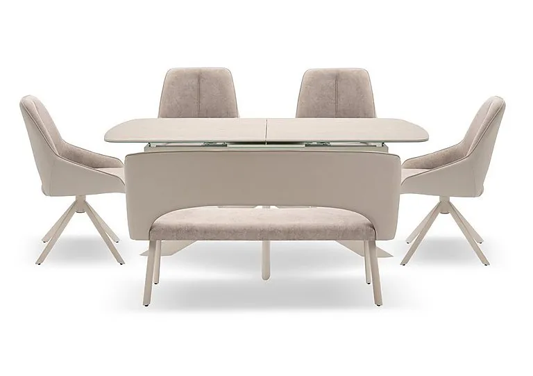 Tino Large Pop-up Extending Dining Table with 4 Swivel Chairs and a High Back Bench in Two Tone Upholstery