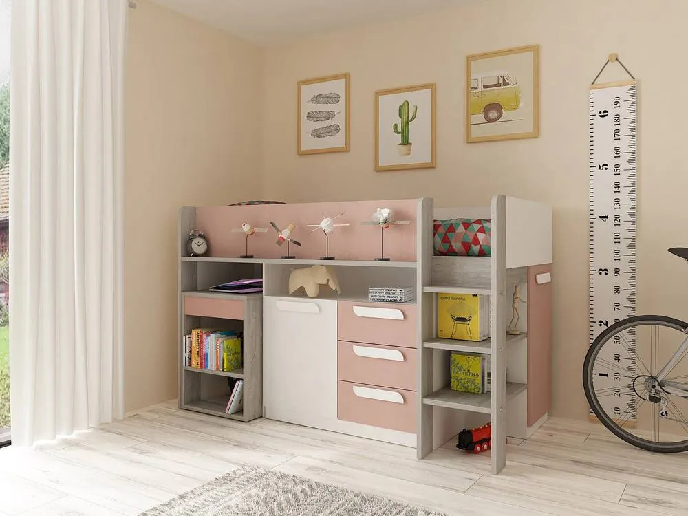 Vente-unique Combination Bed 90 X 200 Cm - With Desk & Storage - Pink, Natural in Pink 5