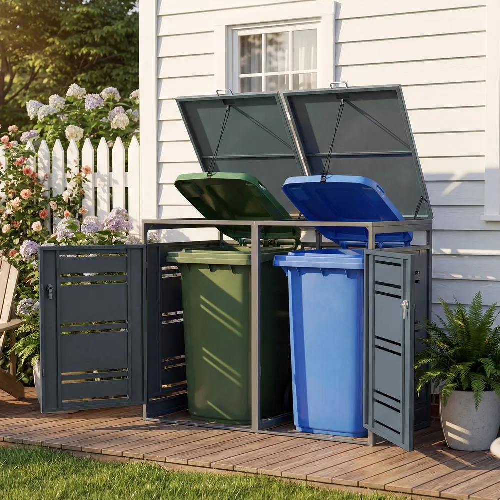Costway Outdoor Garbage Bin Storage Shed Lockable Double Trash Can Enclosure in Grey 3