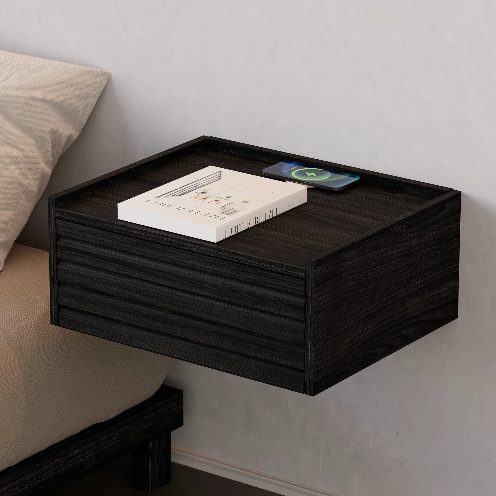 Wooden Floating Bedside Table Modern Bedside Table with Charging Station