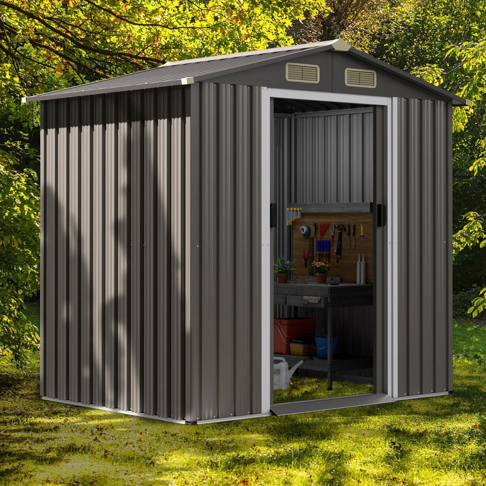 Costway 6 x 4 FT Outdoor Storage Shed Galvanized Steel Shed w/ Lockable Sliding Door in Grey 3