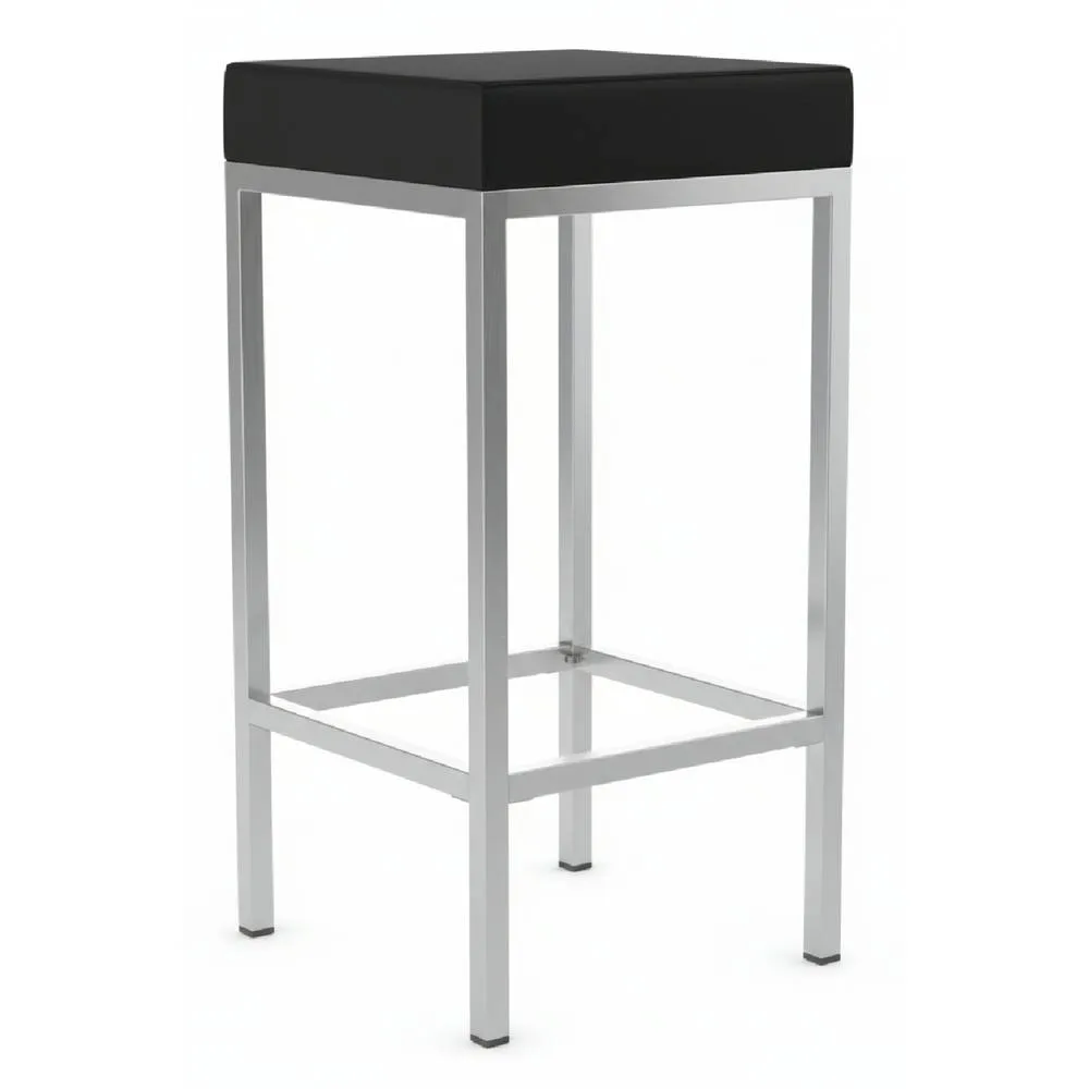 netfurniture Fernowy Brushed Satin Kitchen Bar Stool Black Faux Leather Padded Seat