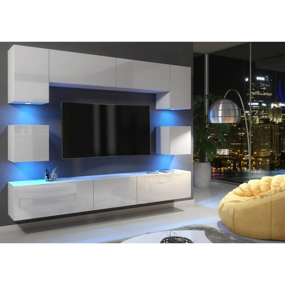 Creative Furniture Panorama Wall TV Unit - White with Gloss Doors + LED Lights 4