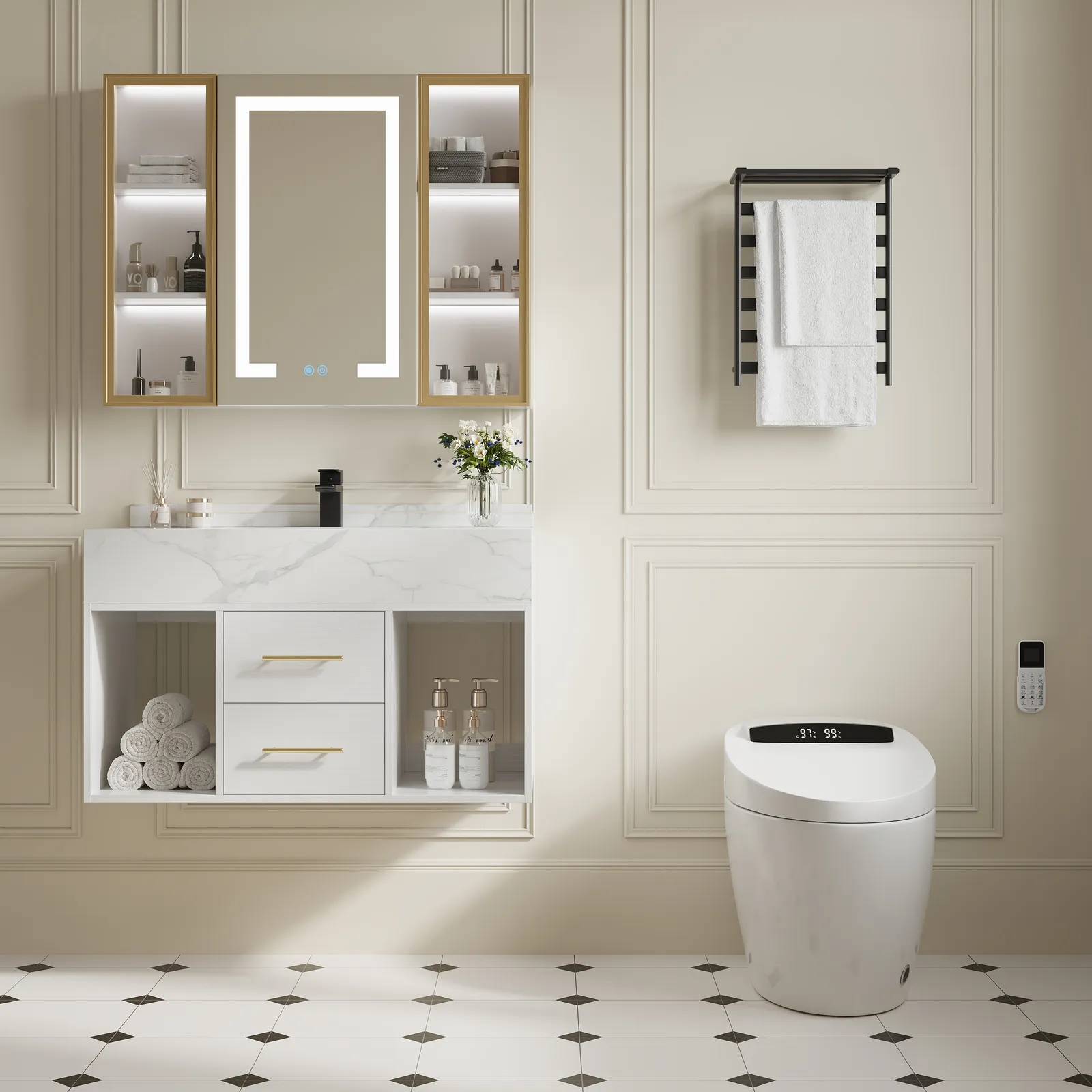 90 cm Floating Wood Vanity Unit with Sink & Smart Toilet