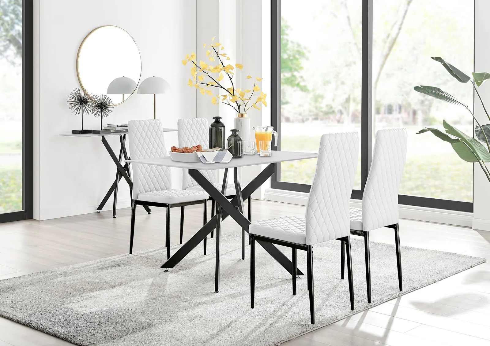 FurnitureboxUK Leonardo White Glass Marble Effect Black Leg Table & 4 Milan Black Leg Chairs