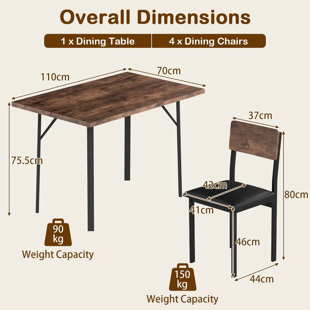 Costway 5PCS Dining Table Set Industrial Kitchen Table & 4 Upholstered Chairs in Brown 2