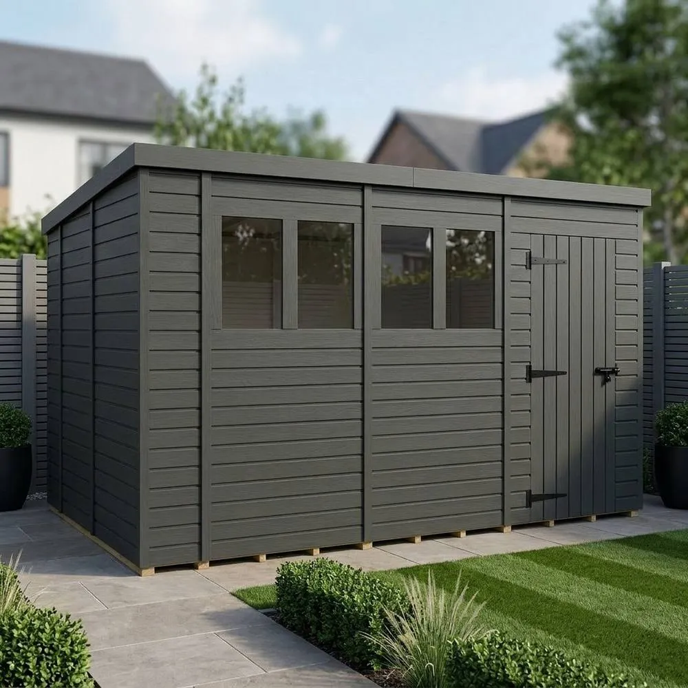Buttercup Farm 14ft x 10ft Composite Pent Garden Shed Single Door With Windows in Grey 2