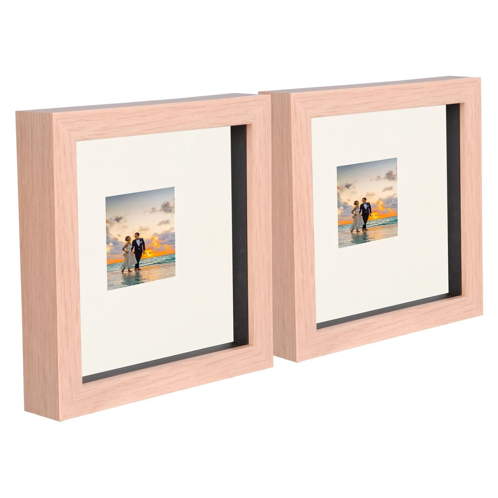 Nicola Spring 6" x 6" 3D Box Photo Frames - 2" x 2" Mount - Light Brown - Pack of 2 in Ivory