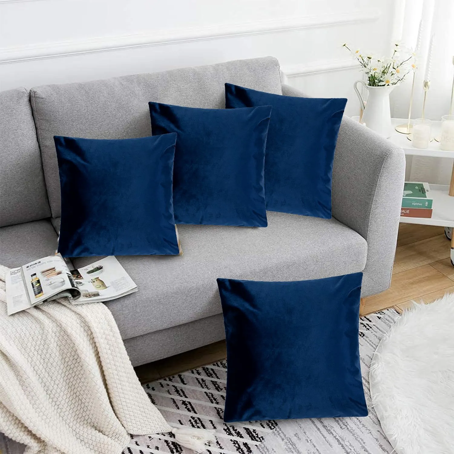Luxury Living Luxurious Velvet Cushions Set of 4 - Soft Plush Fibre Pads, Vibrant Colours for Sofa & Bed Décor in Navy