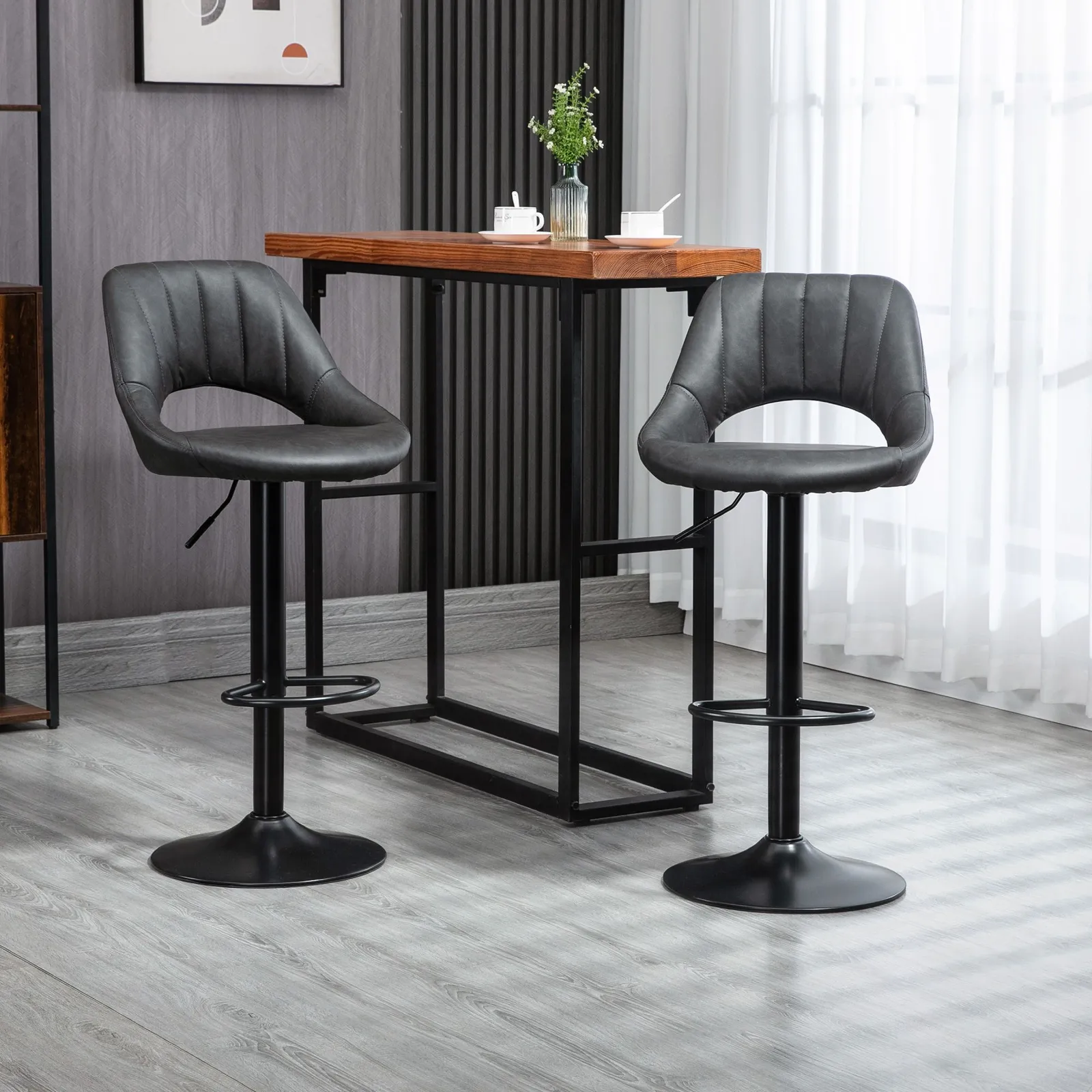 HOMCOM Barstools Set of 2 Adjustable Swivel Height PU Leather Counter Chairs in Grey