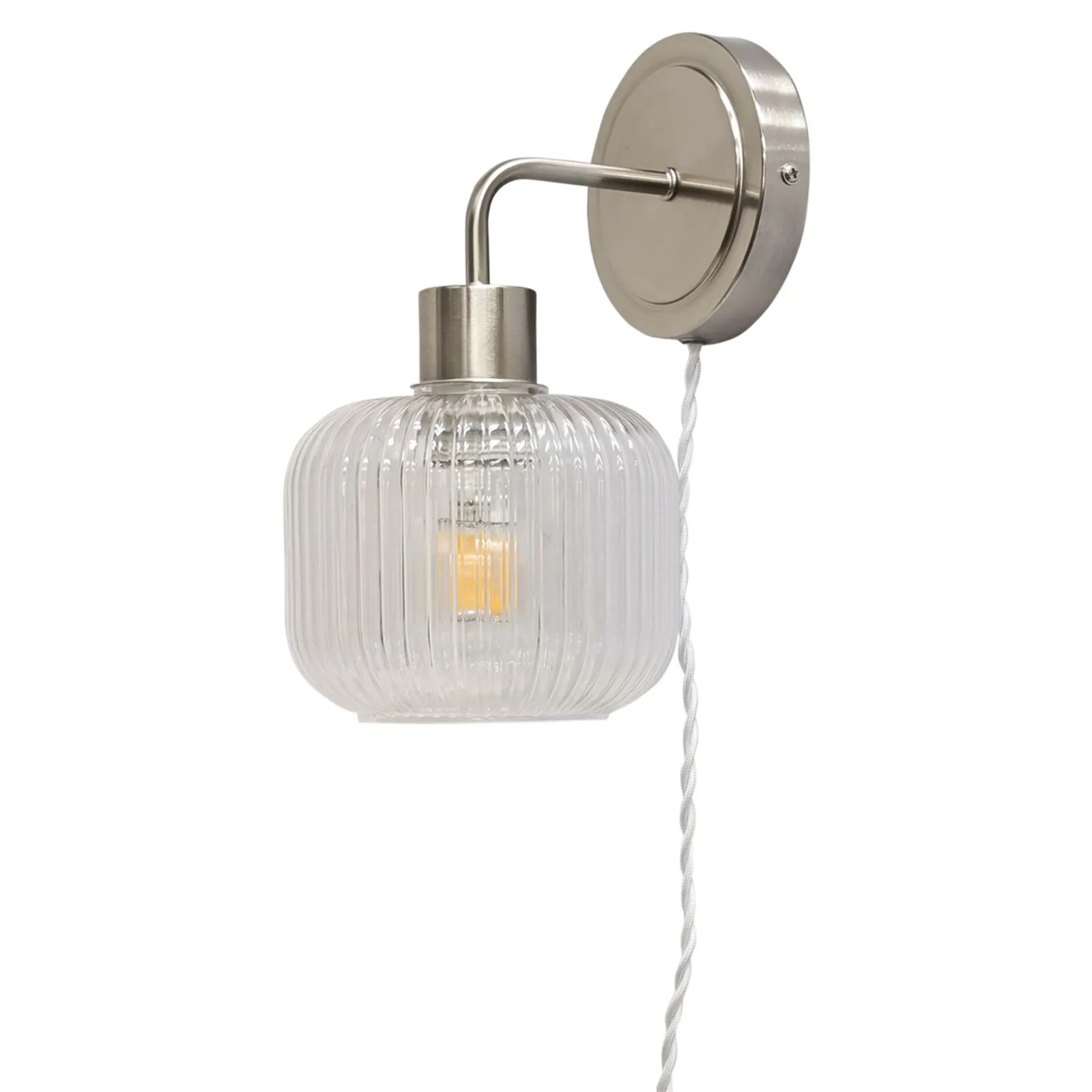 First Choice Lighting Set of 2 Toby - Satin Nickel Plug in Wall Lights Ribbed Glass Shades in Silver 3