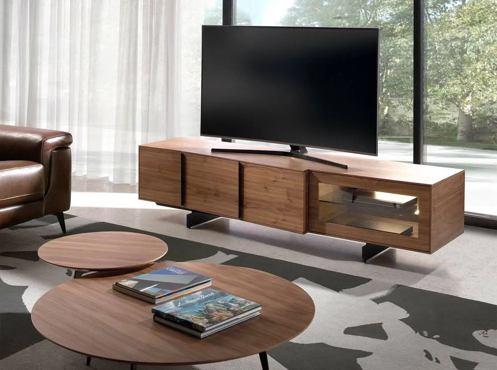 Angel Cerda Walnut TV Cabinet with LED Lighting & Black Steel in Brown 3