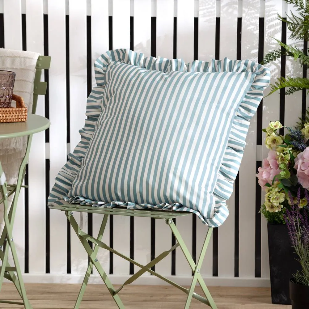 Wylder Millie Ruffle Striped Outdoor Cushion in Duck Egg Blue