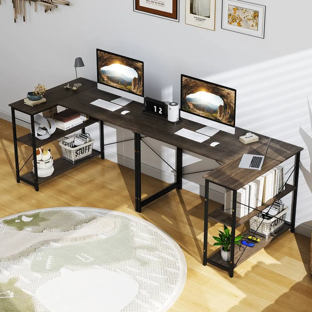 Costway L-shaped Computer Desk Reversible Corner Desk w/Adjustable Shelf-Grey in Grey 3