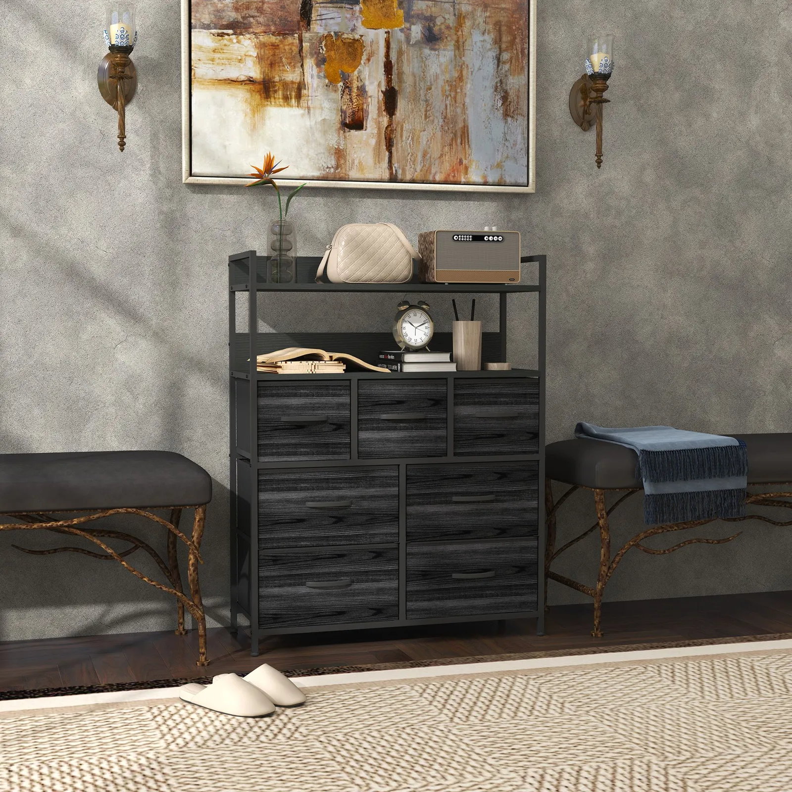 HOMCOM Bedroom Chest of Drawers 7 Drawer Dresser w/ Shelves in Black 1