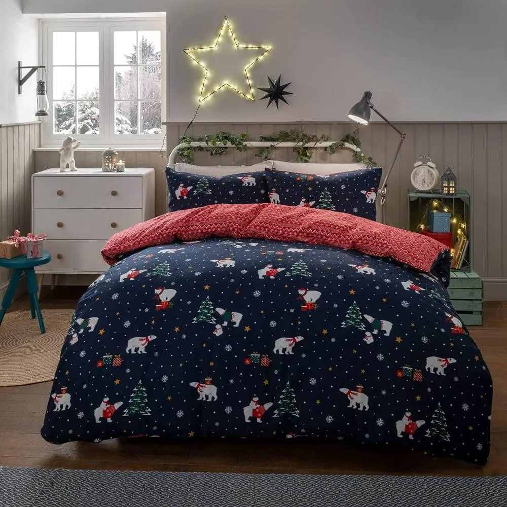 Smart Living Luxury Polar Bears Flannelette Duvet Cover With Pillowcase in Navy