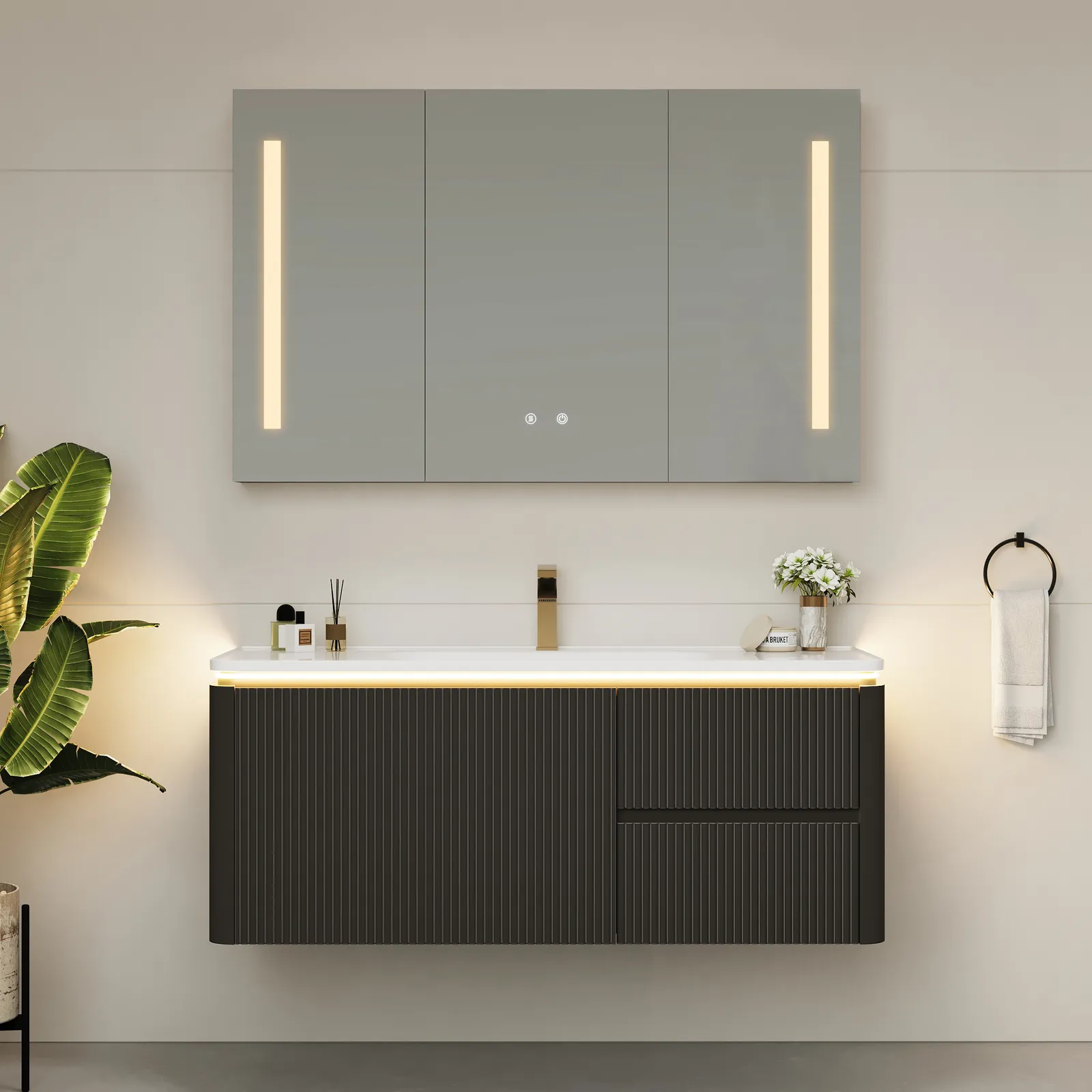 Modern 120 cm Floating Bathroom Vanity with Sink, Soft LED, Ample Storage
