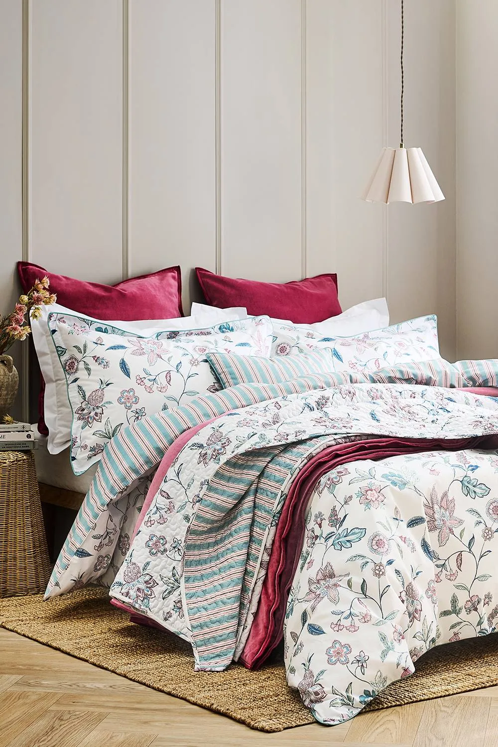 CHRISTY 'Kew' Floral Stripe Reversible Cotton Sateen Duvet Cover Set in Blue