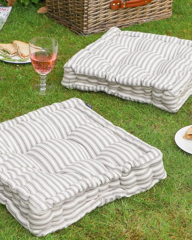 Dibor Set of 2 Grey Striped Box Outdoor Garden Chair Seat Pad Cushions L40cm x W40cm