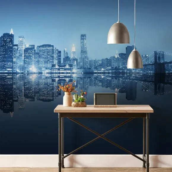City Night Skyline Blue Wall Mural