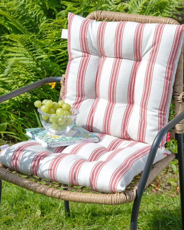Dibor Set of 4 Traditional Red Striped Chair Seat Pad Garden Furniture Cushions L40cm x W40cm