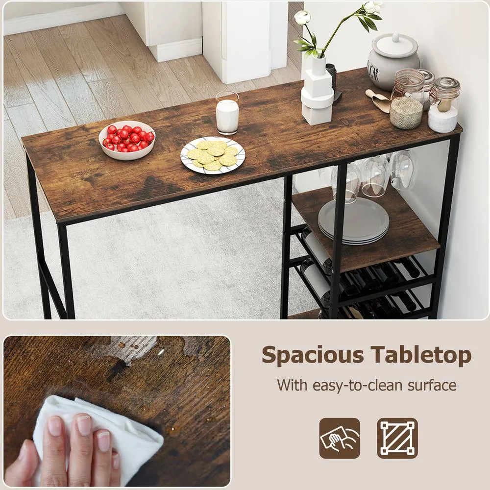 Costway 121cm Long Bar Table Bar Height Dining Table with Storage Shelves in Brown 3