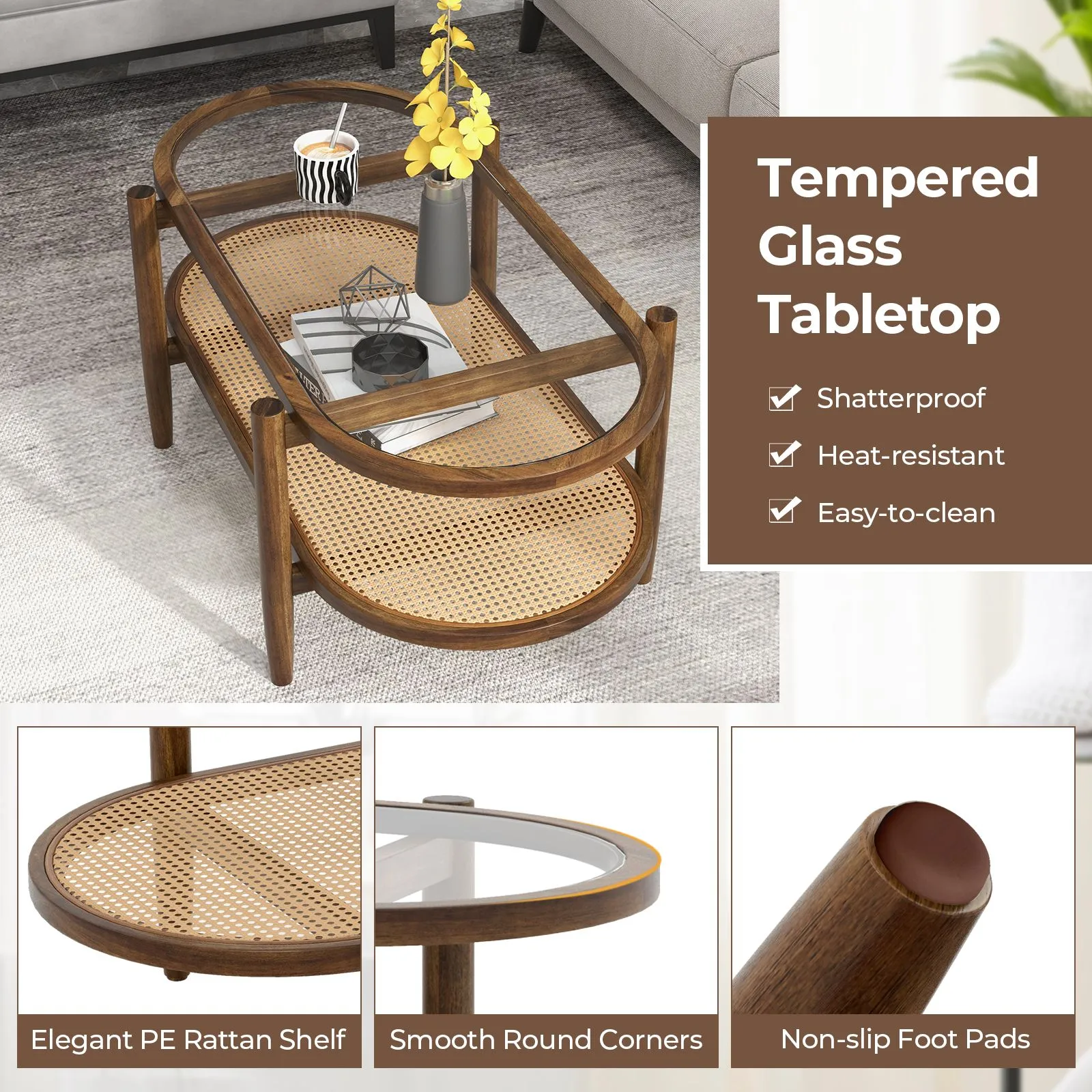 Costway 2-Tier Coffee Table Rattan Center Cocktail Tea Table Tempered Glass Tabletop in Brown 3