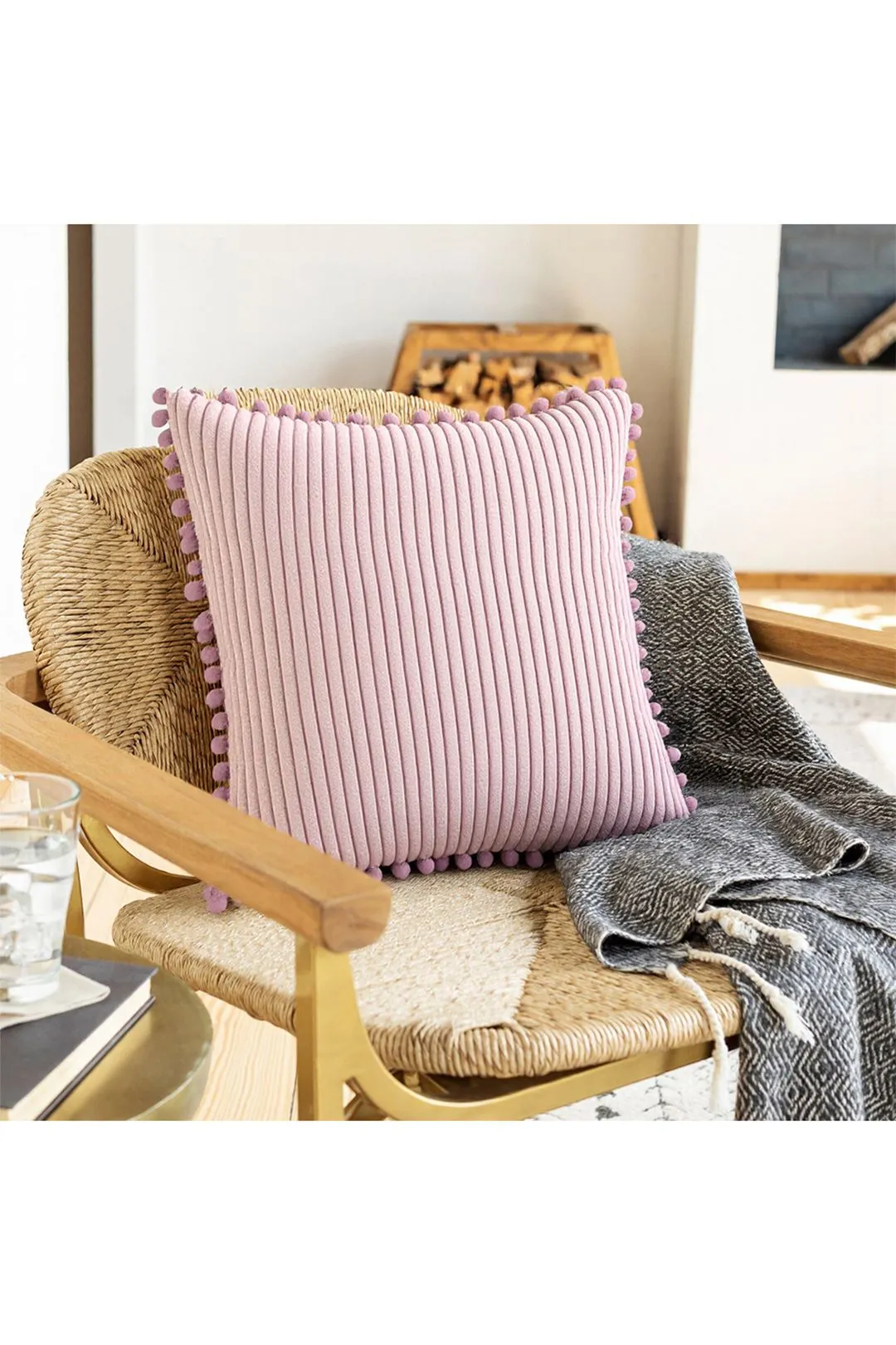 Living and Home Polyester Cushion Cover with Pom-Pom Trim in Pink