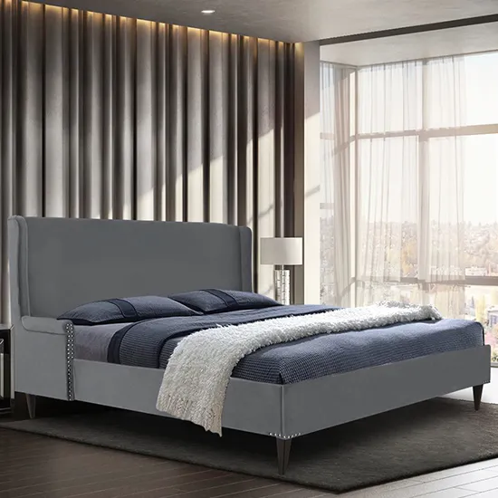 Scottsbluff Plush Velvet Super King Size Bed In Grey