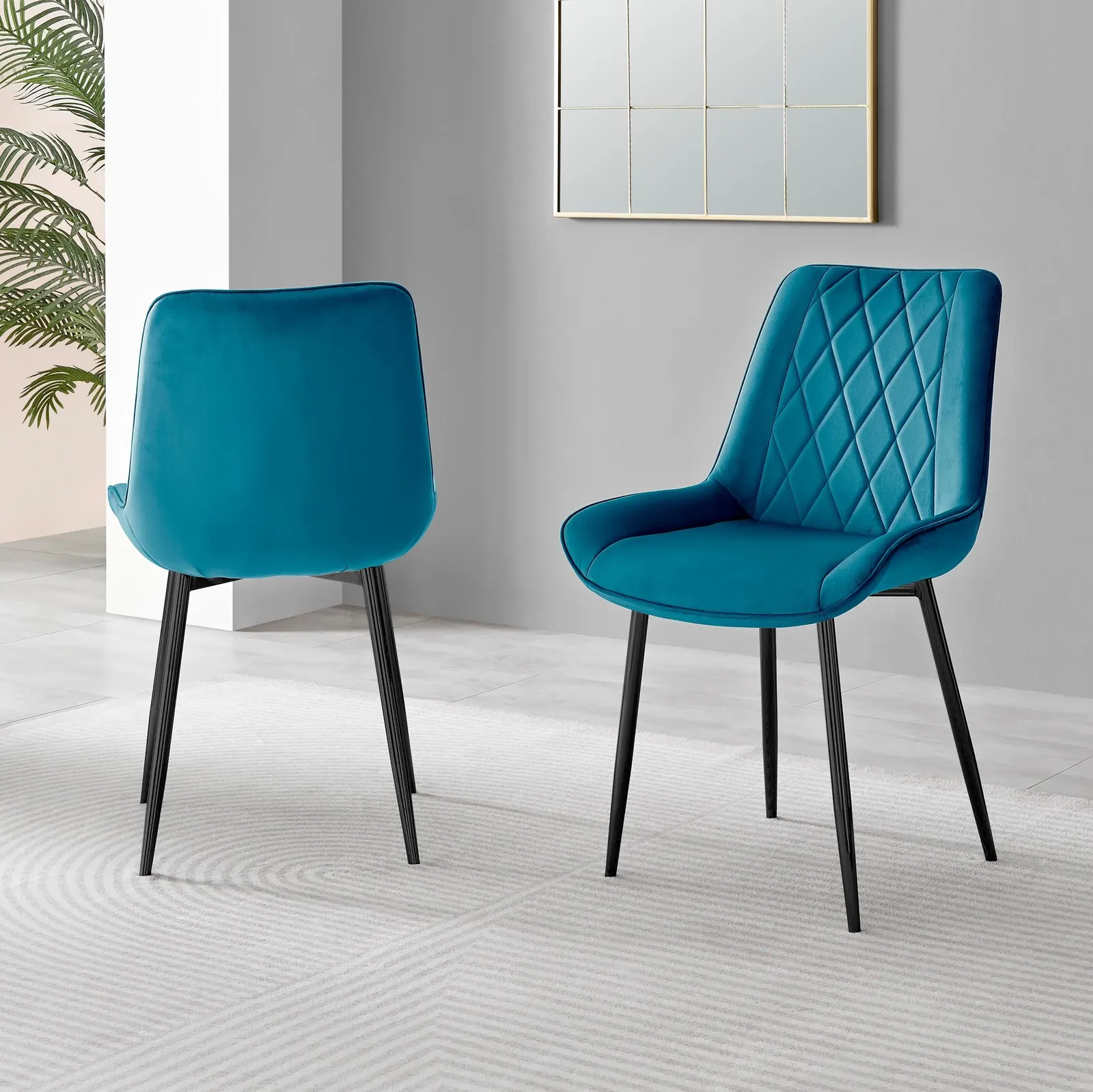 FurnitureboxUK Set of 2 Pesaro Luxury Velvet Dining Chairs With Diamond Stitched Back & Black Metal Legs in Blue 3