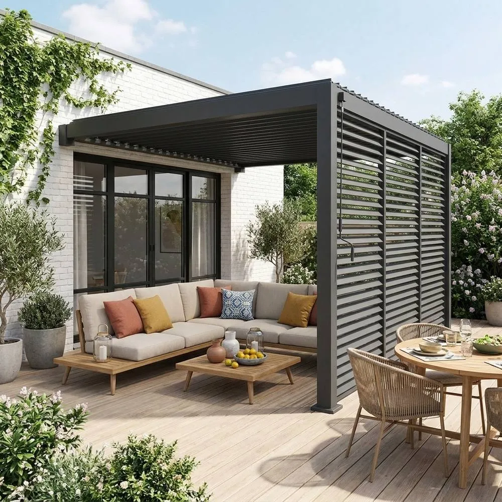 sweeek Lean to pergola 4 x 3m + 3 130cm louver panels in Dark Grey