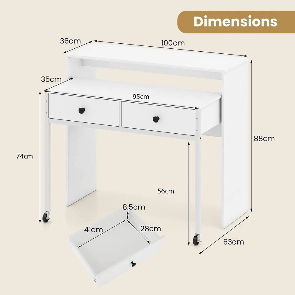 Costway Extendable Computer Desk Convertible Home Office Desk w/ Drawers in White 3