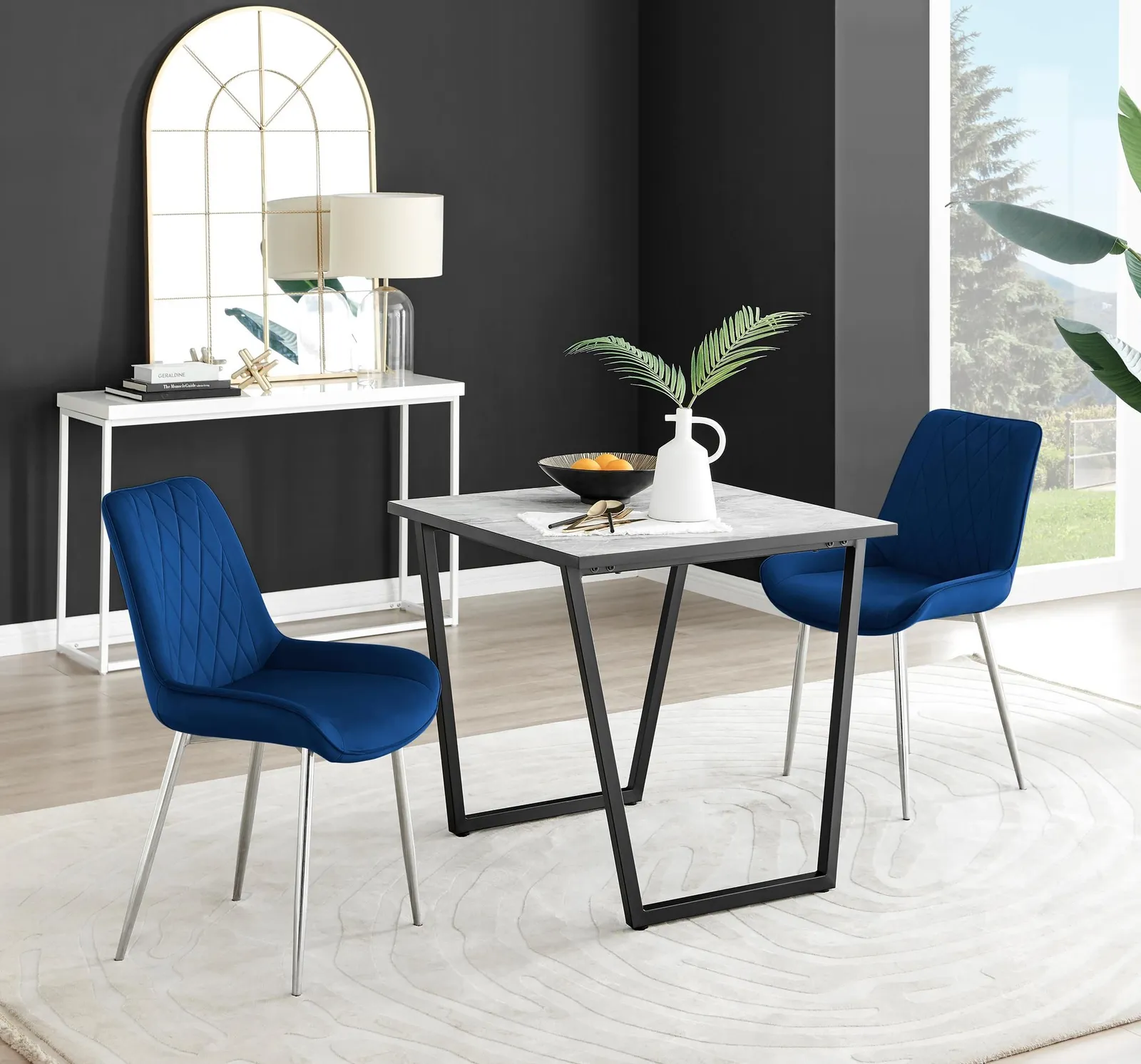 FurnitureboxUK Carson White Marble Effect Square Dining Table & 2 Velvet Pesaro Silver Leg Chairs in Navy